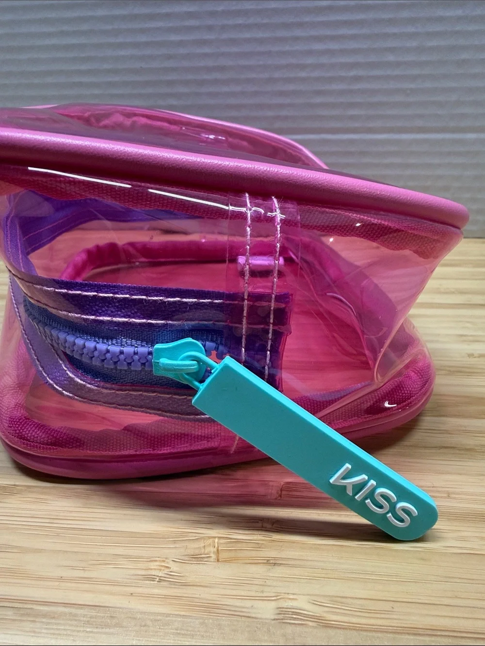 KISS “GLAM” Pink Clear Travel Toiletry/Makeup Pouch with Purple Accents